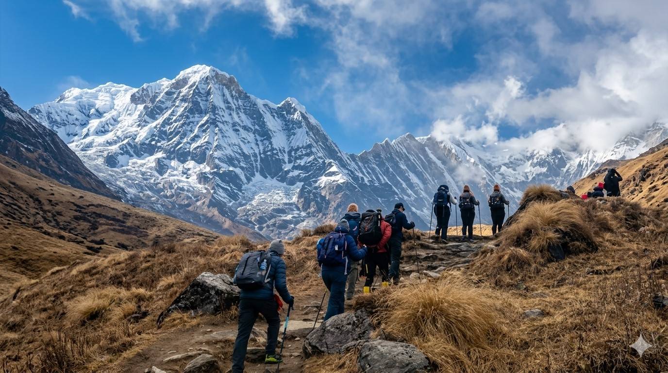 trekkers walking in the annapurna base camp route